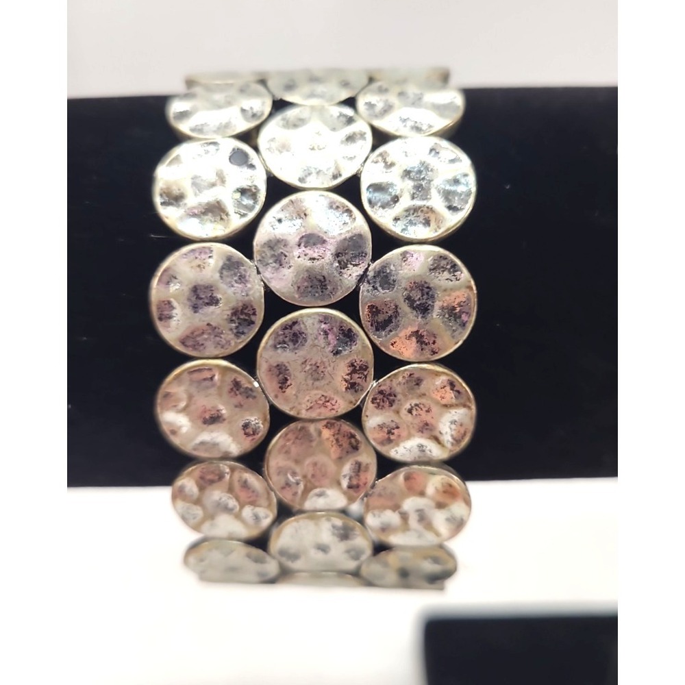 Vintage Hammered Qide Bracelet Silvertone Stretchy